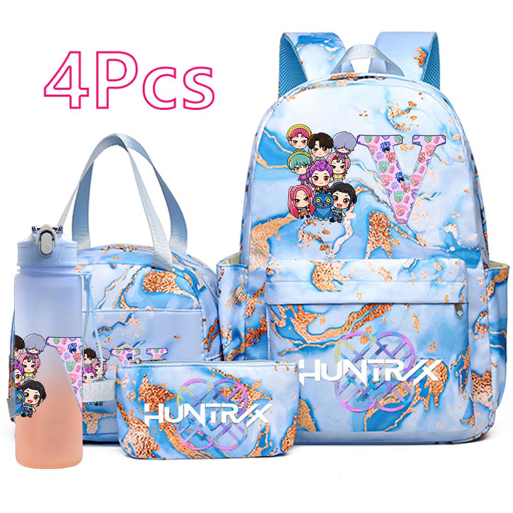 4Pcs/set Anime K-Pop Printed Backpack Handbag Pencil Case with 750Ml Water Bottler for Teenager Boy Girl Schoolbag Large Capacity Bookbag Kid Gift