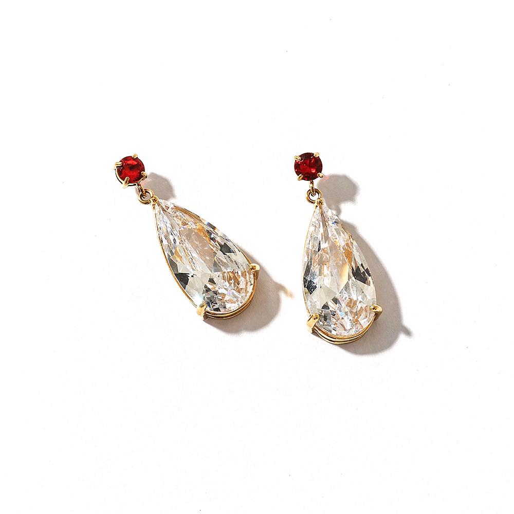 18K Gold Waterproof Zirconia Water Drop Earrings, European & American Style, Stainless Steel & Titanium, Women's Jewelry