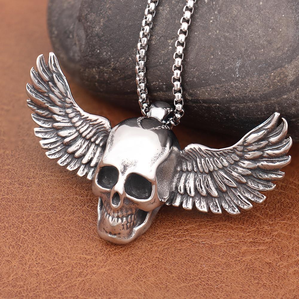 Fallen Angel Skull Pendant Necklace Men's Stainless Steel Gothic Biker Jewelry Adjustable Chain Gift Halloween Party Accessories