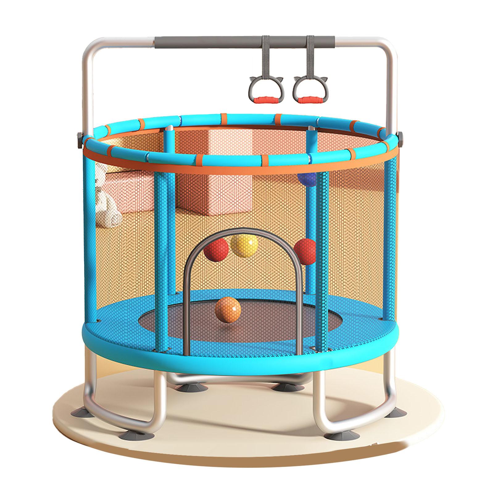 

Kids Trampoline Indoor Outdoor Small Fitness Trampoline Toy with Enclosure Net Basketball Hoop Gymnastic Rings Swing for Boys and Girls