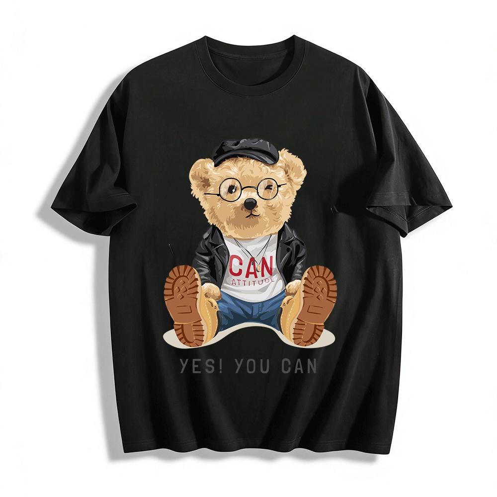 

Vintage Bear Print Motivational Tshirt Unisex Casual Top Pure cotton T-shirt XXS