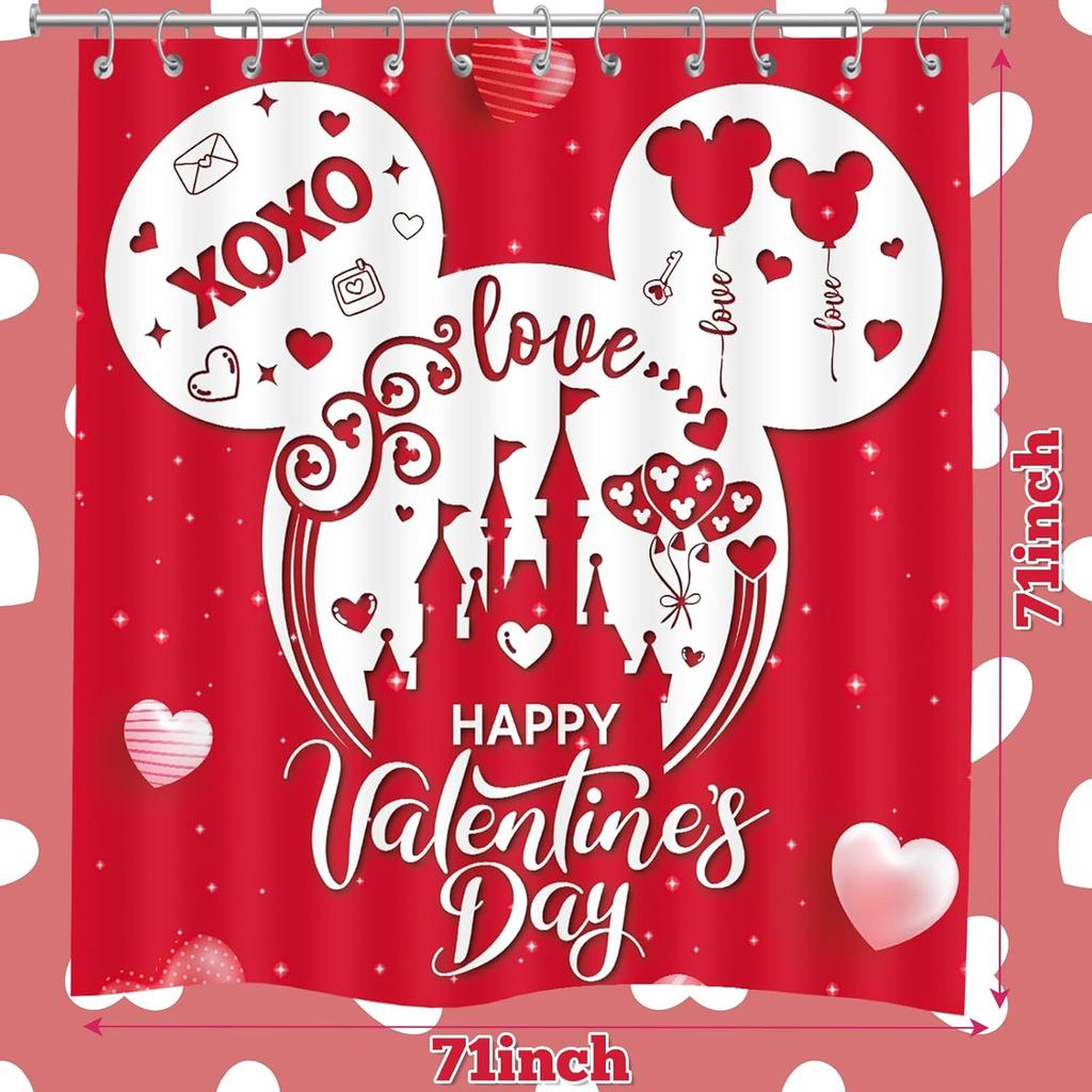 Valentines Day Shower Curtain,Valentine Decor Red Mouse Valentine Shower Curtain Waterproof Cartoon Love Fabric Valentines Bathroom Curtain with