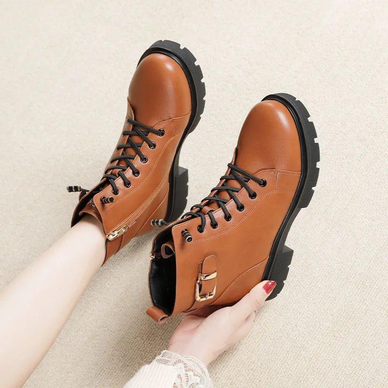 Short Shoes for Women Female Ankle Boots Platform with Laces Combat Lace-up Footwear Chunky Booties Punk Style Leather