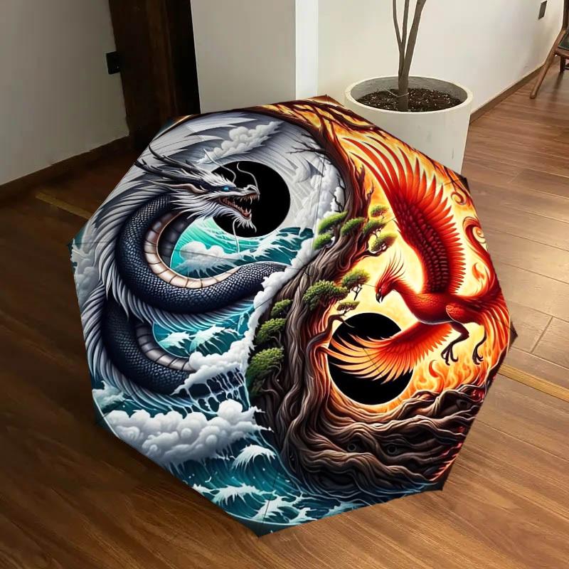 1pc Yin Yang Dragon Phoenix Symbol Umbrella with Plastic Handle,Suitable for All Seasons Home Travel Outdoor UmbrellaDD361