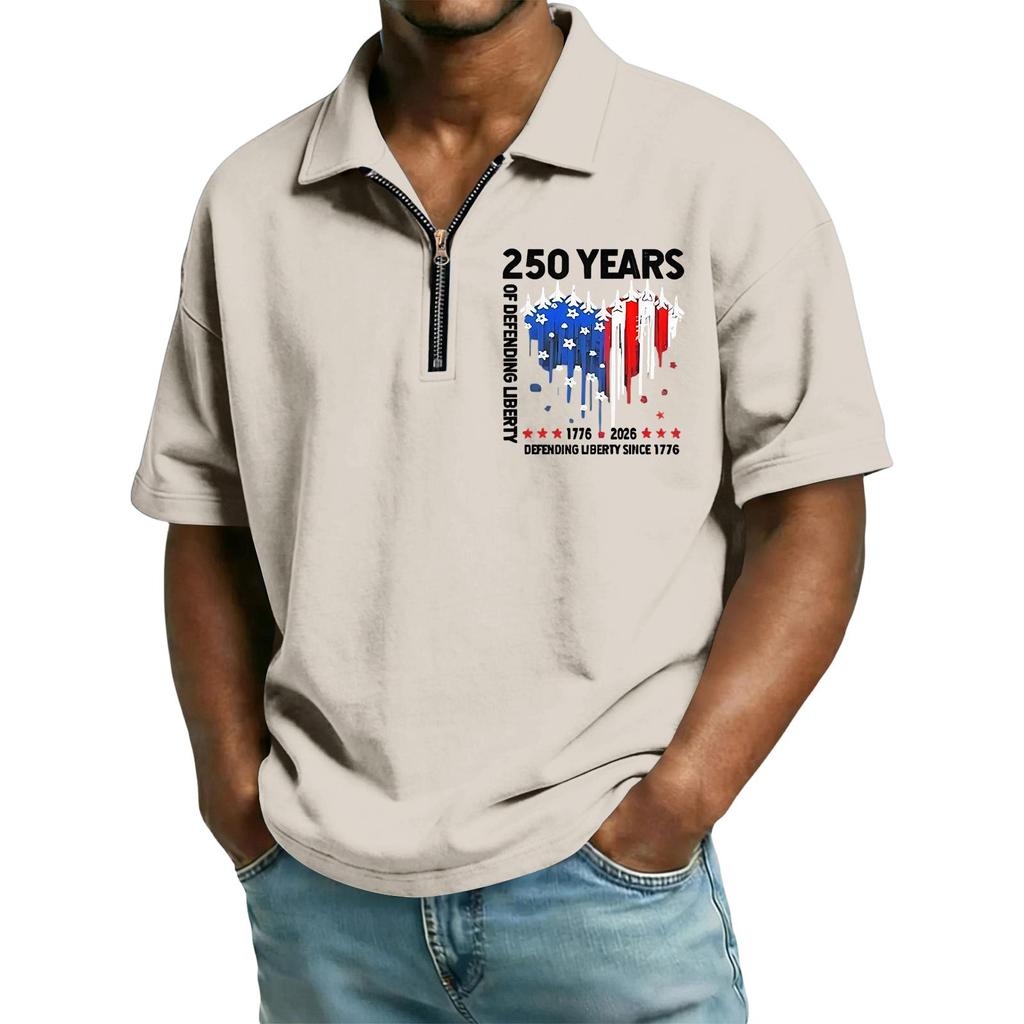 Men’s Short Sleeve Zipper Polo Shirt 250 Years Printed Lapel Collar Top Casual Lightweight Comfortable Fit Tee
