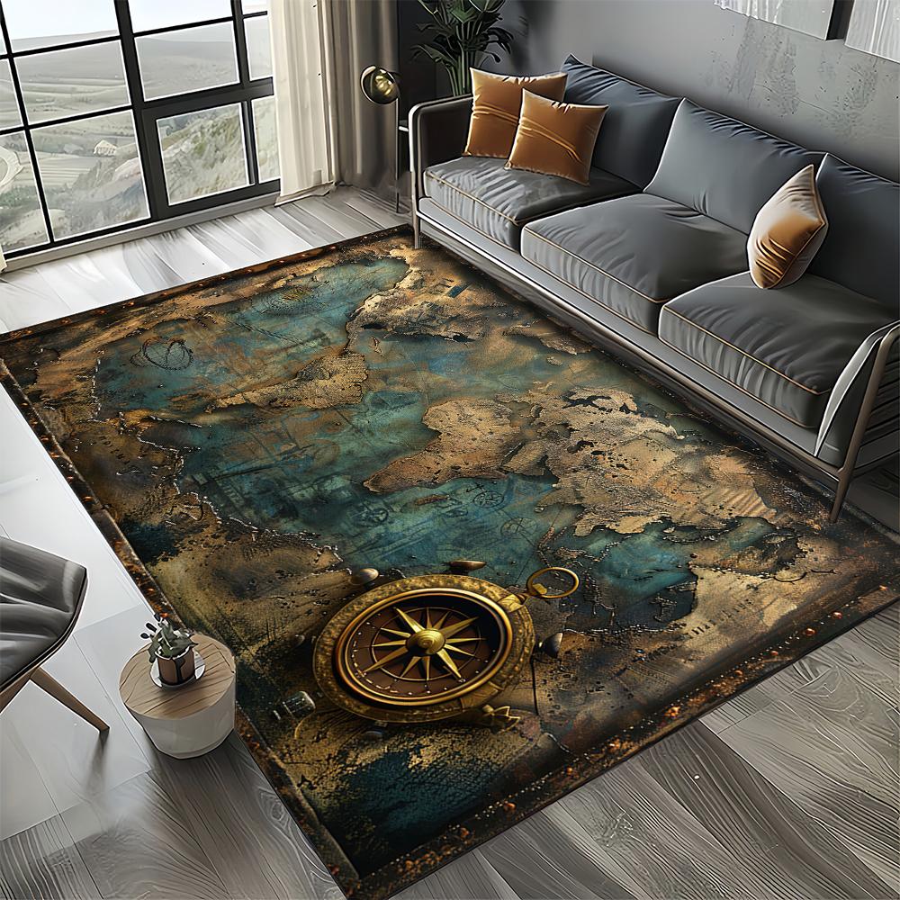 2025 New Style Retro Marine Nautical Chart Compass Carpet Rug for Home Living Room Bedroom Sofa Doormat Decor,Non-slip Floor Mat