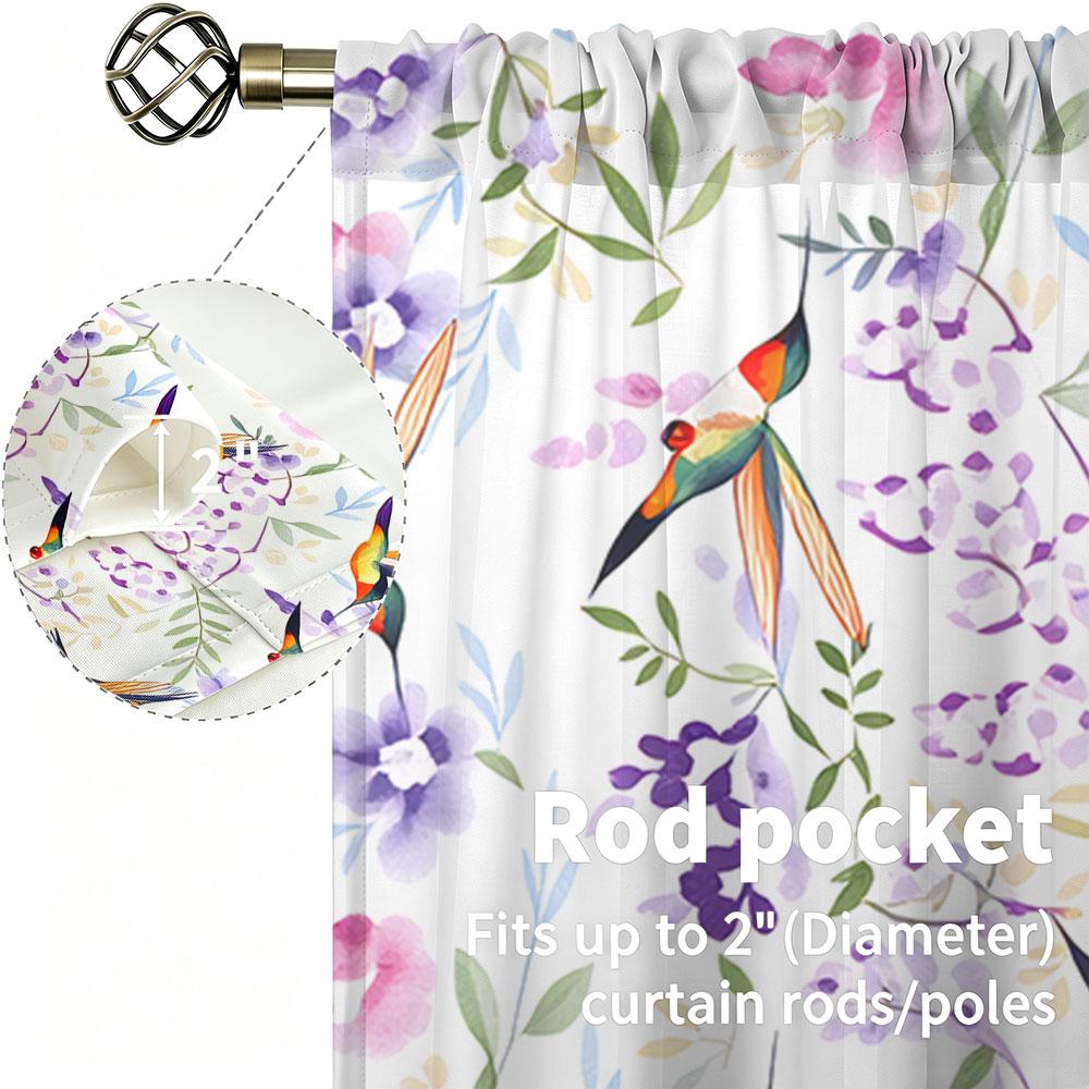 2Pcs Rod Pocket Curtain Light Block Privacy Drape Living Bedroom Hummingbird Floral Print Window Curtain For Home Decor