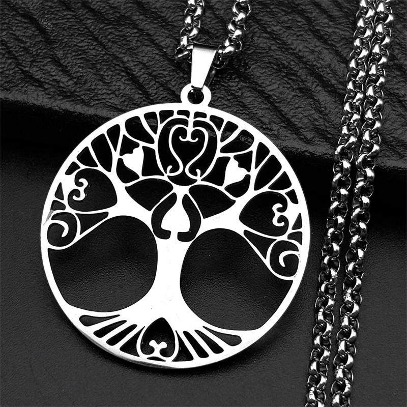 Tree of Life Stainless Steel Long Necklace for Men Black Color Necklaces & Pendants Jewelry cadenas para hombre N834S03