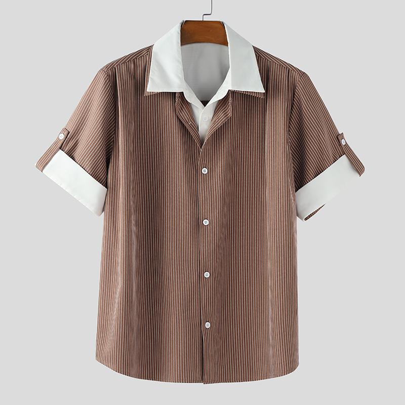 INCERUN Men Turn-down Collar Short Sleeve Patchwork Striped Casual Texture T-shirts