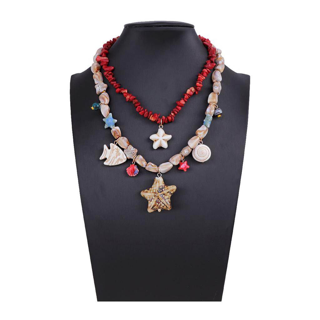 Personality Trend Leisure Ocean Resort Wind Double Layer Stacked Turquoise Ceramic Starfish Small Fish Pendant Women's Necklace