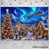 2D flat banner background for a Christmas snowscape town-themed party with a decorated Christmas tree includedzyc