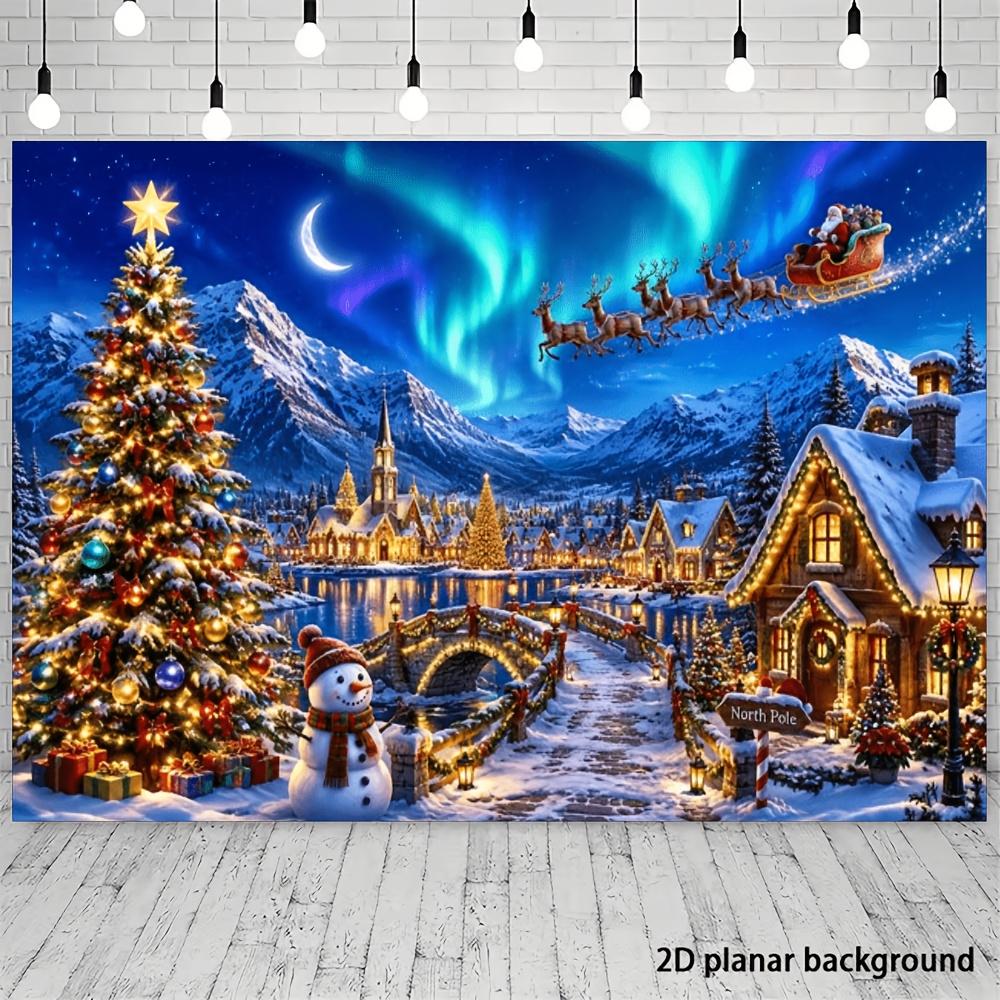 2D flat banner background for a Christmas snowscape town-themed party with a decorated Christmas tree includedzyc