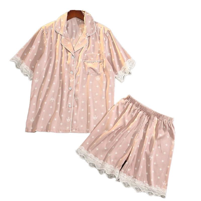 Stylish And Simple Style Small Print Summer Short-Sleeved Shorts Loose And Comfortable Imitation Silk Suit Loungewear Suit