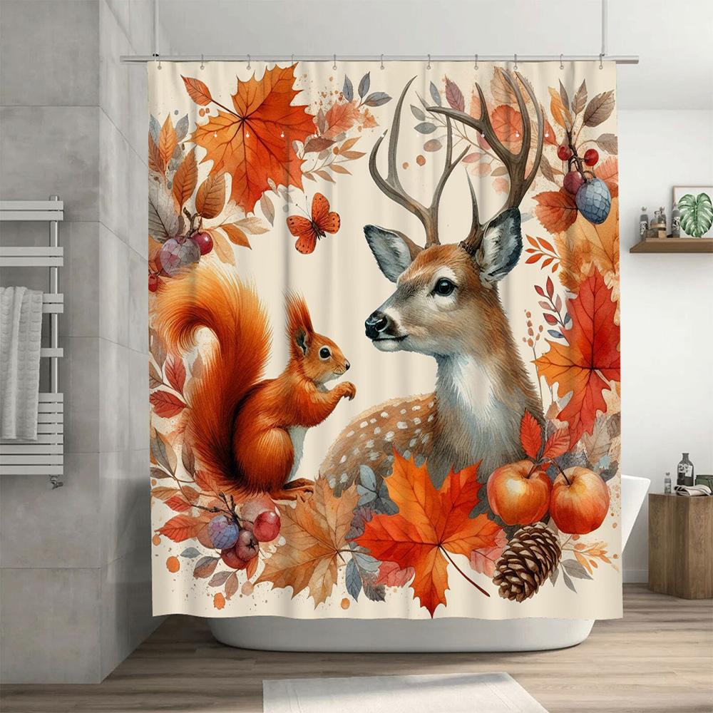 Autumn Leaves Decorative Shower Curtain Deer Squirrel Leaf Print Waterproof Bathroom Decor Modern Design