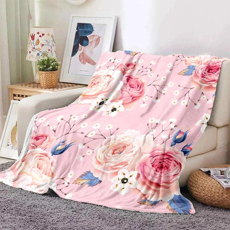 Pink Rose Flowers Printed Blanket for Sofa Bed Travel Camping Living Room Office Conditioning Blanket for All Seasons Gifts