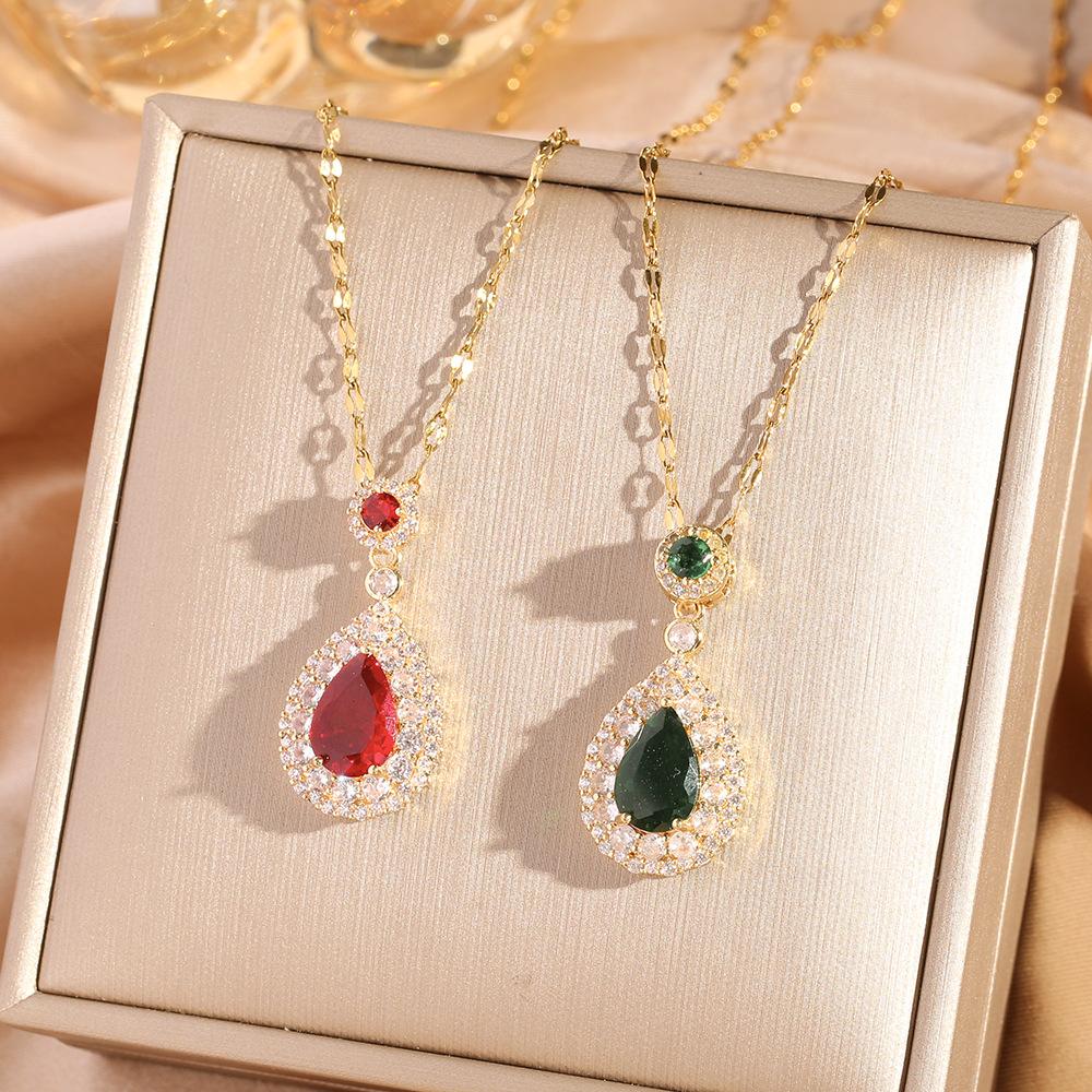Teardrop Emerald Zircon Necklace Titanium Steel Versatile Elegant Long Lasting Necklace