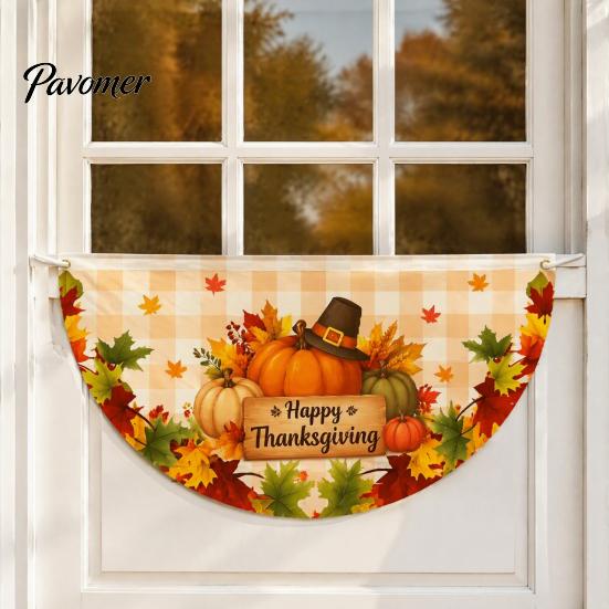 Semicircular Autumn Party Supplies Fall Bunting Fan Flag for Outside, 1.5 X 3ft Turkey Pumpkin Maple Eucalyptus Leaf Holiday Pattern Hanging
