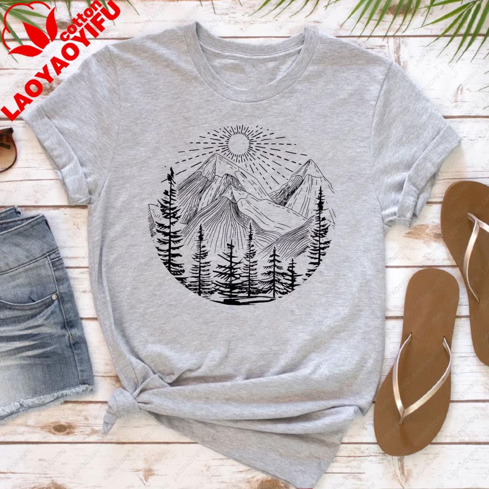 T-shirt da Donna Foresta Montagna Sole Cotone Manica Corta Top Casual Moda Top Estivo Outdoor T-shirt con Fantasia Classica