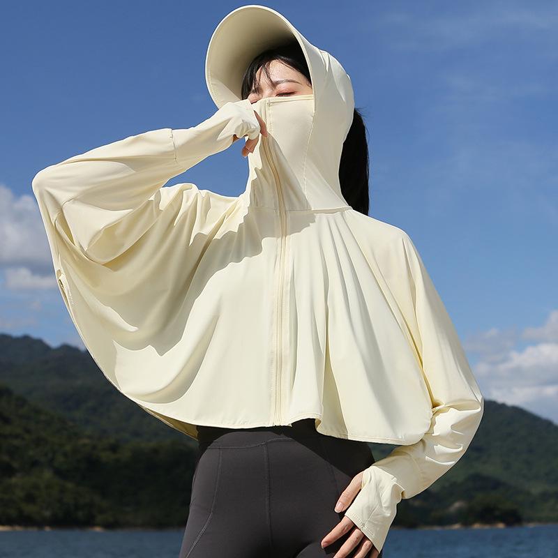 UPF50+ Anti-UV Black Sun Protection Shawl for Women, Breathable Ice Silk, Cooling Loose Fit.