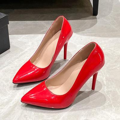 Spring New Pointed Toe Nude High Heels Thin Heel Banquet Patent Leather Shallow Mouth Professional Large Size Single Shoes