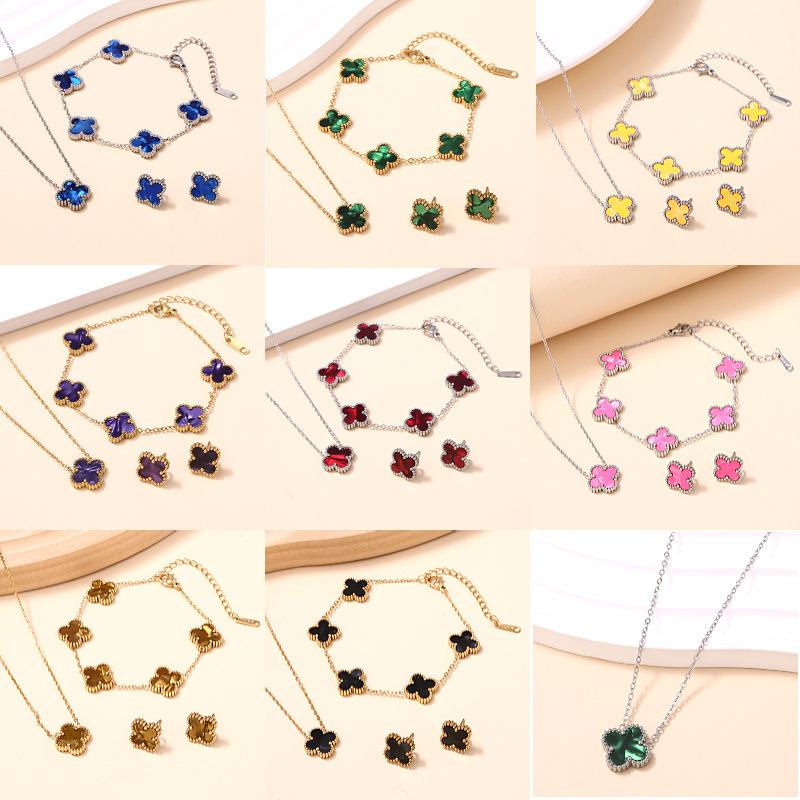 3PCS double-sided clover jewelry necklace bracelet earring set