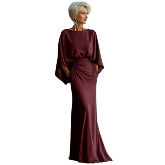 Dames Geplooide Bootnek Bruiloftsgast Jurk, Backless Vleermuis 3/4 Mouw Bodycon Lange Jurk, Formele Feest Cocktail Prom Jurk