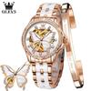 OLEVS Women's Automatic Watches Skeleton Mechanical Ladies Elegant Luxury Dress Butterfly Diamond White Ceramic Band Watch Gift