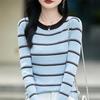 Women's French Color Block Striped Knitwear: Korean Style Long Sleeve Slim Fit Base Sweater