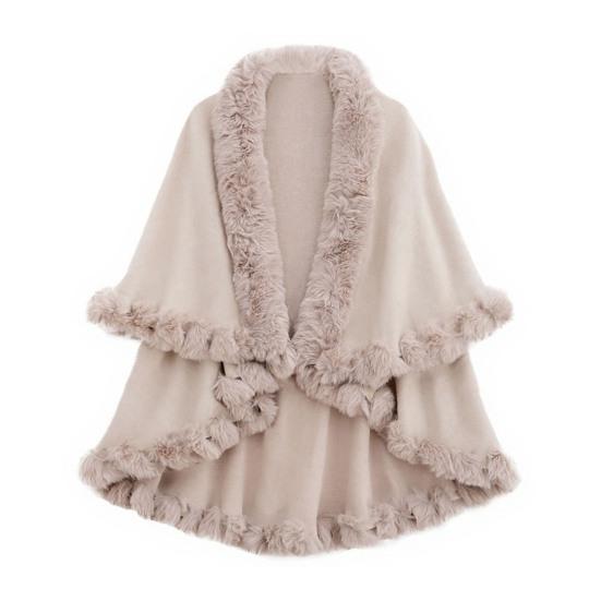 Women Cape Shawl with Fur Collar Soft Warm Wrap Double Layer Knit Cardigan Acrylic Warm Poncho for Fall Winter