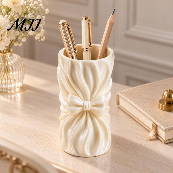 Girly Aesthetic Pen Cup 3D Printed Bow Storage Holder, Ruffled Makeup Brush Cup, Decorative Pleated Holder Desktop Organizer for Vanity Table