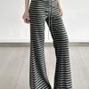 American Street Idle Style Stripe Design High Waist Lace-up Straight Bootcut Trousers Gyaru Slimming Knitted Casual Trousers