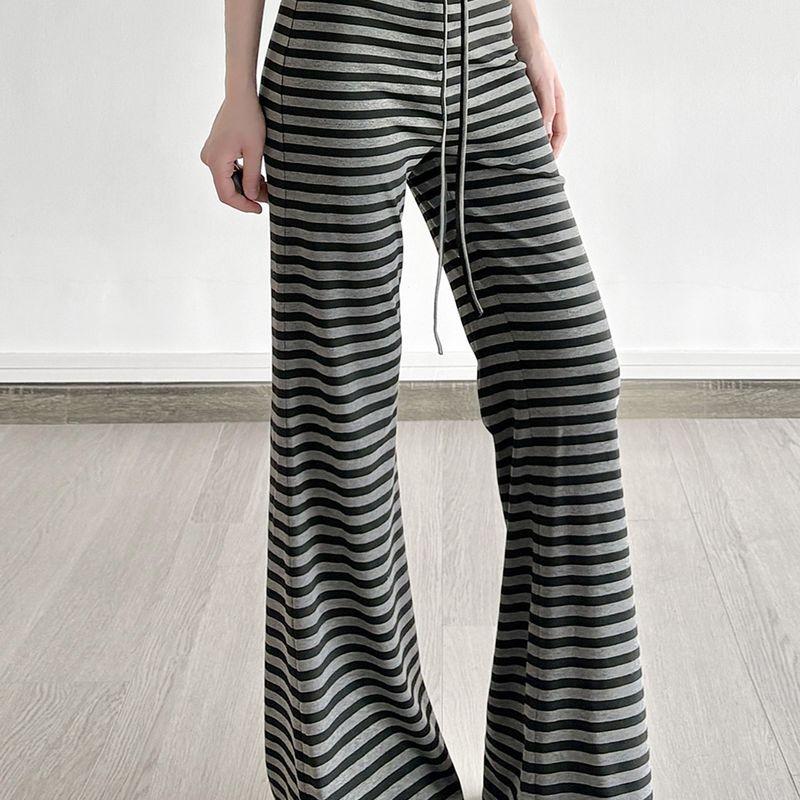 American Street Idle Style Stripe Design High Waist Lace-up Straight Bootcut Trousers Gyaru Slimming Knitted Casual Trousers