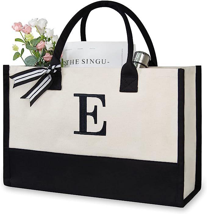 A-Z Letter Canvas Tote Bag Women Large Capacity Shoulder Handbag Contrast Color Thick Fabric Reusable Shopping Bag