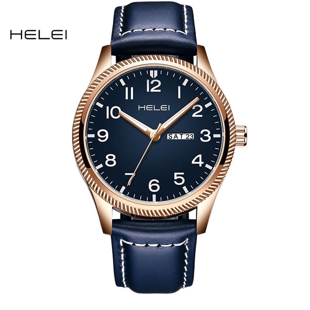 HELEI Sport Men Watch Top Brand Luxury Military Waterproof Male Clock Quartz Business Original Leather Wristwatch Gift 9007AL