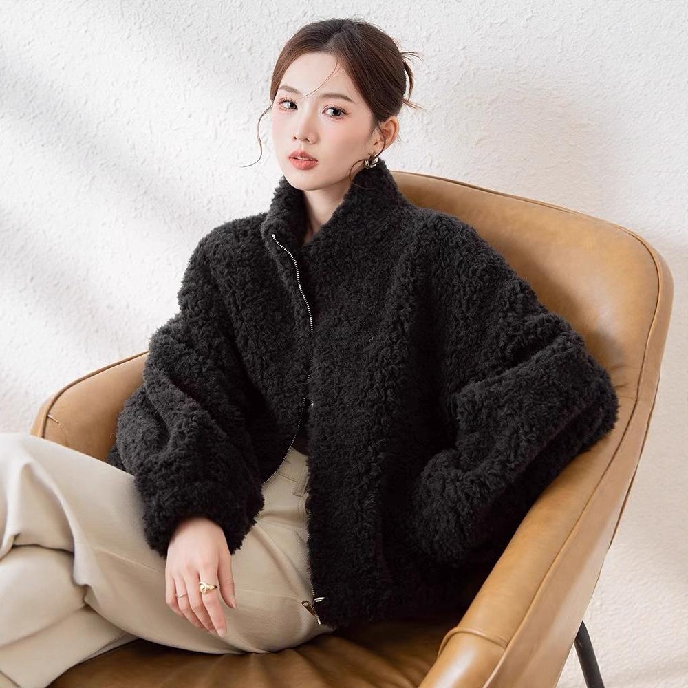 Autumn and winter new pure lamb fur fur integrated fur coat women's short stand-up collar zipper sheep shearing coat