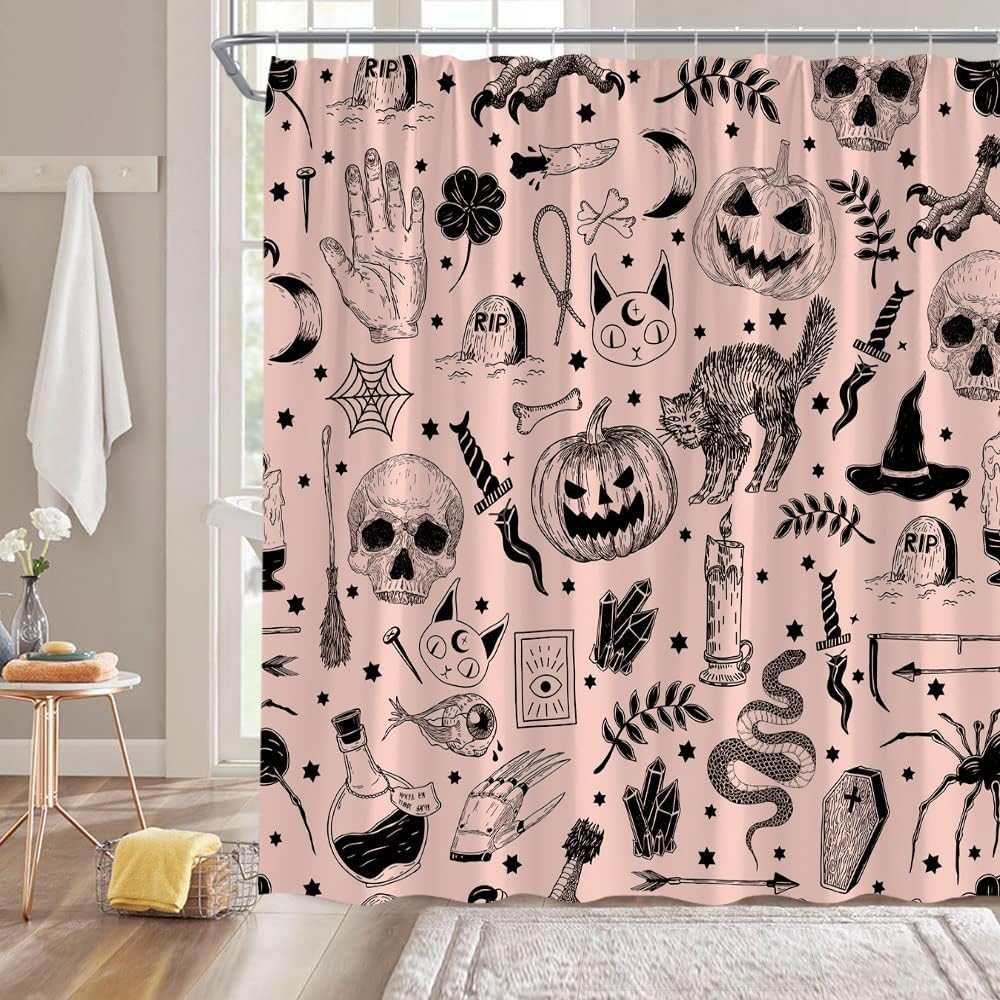 Halloween Skull Shower Curtain Black Spooky Skull Skeleton Horror Pumpkin Funny Gothic Day Of The Dead Happy Halloween Fabric