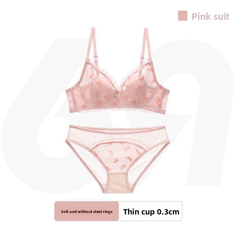French Coquette Lace Thin Cup Wireless Bra, Girly Push Up Comfort Small Bust Women Bra