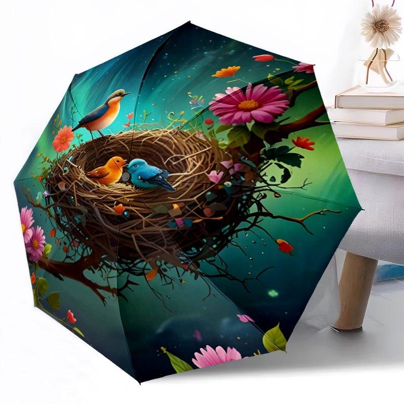 Colorful Bird In A Floral Wonderland Portable Automatic Umbrella Compact 8 Rib Design Foldable Design All Season Travel Compact Folding Umbrella For