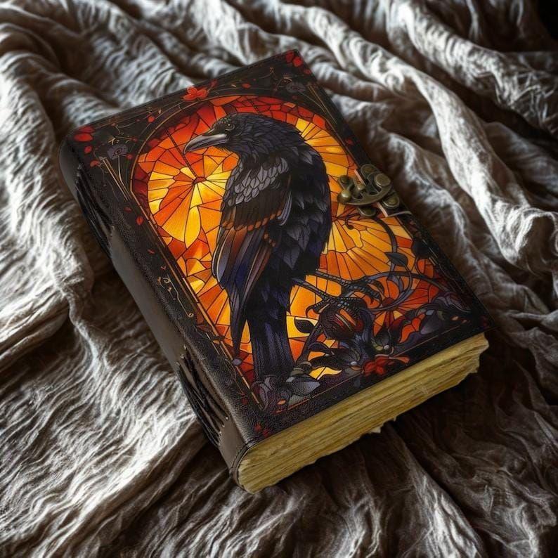 Grimoire Leather Journal, Gothic Notebook Crow Spell Book of Shadows, Vintage Witch Diary Gift for Women, Halloween Gifts