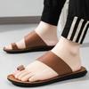 Men's Slippers 2025Summer New Casual Leather Slipper Comfortable Non-Slip Men Flat Sandals Peep Toe Beach Slippers Luxury Slides