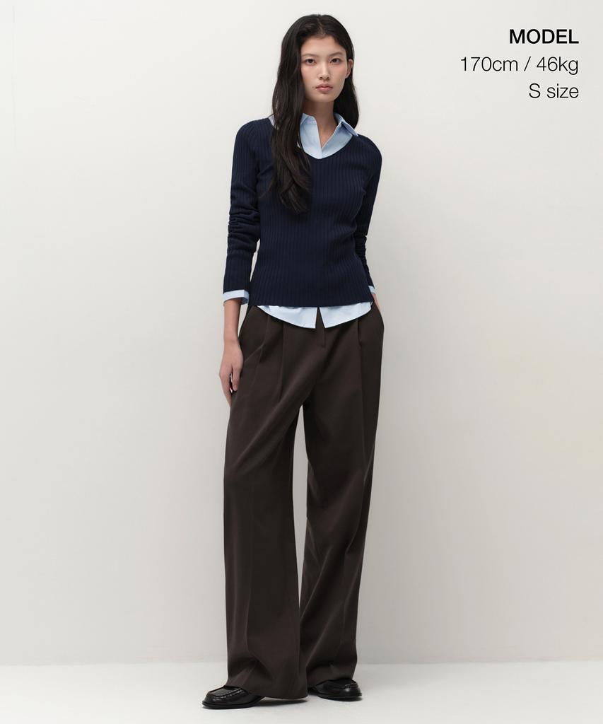 MUSINSA STANDARD WOMAN Women'S Wide Ribbed Slim V-Neck Knit [Navy]