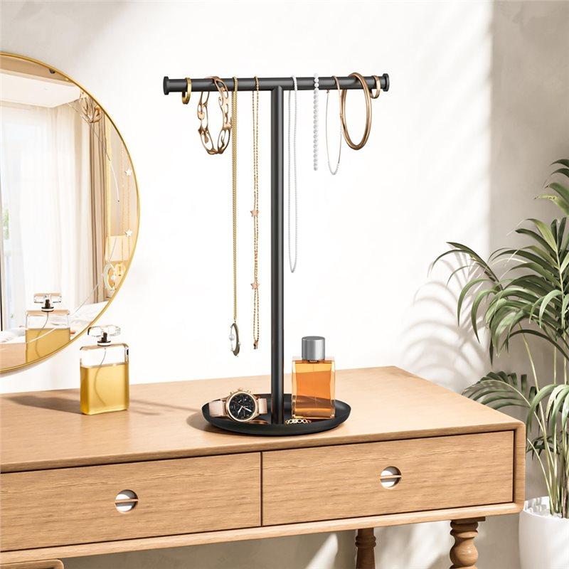 HHO-Necklace Organizer Stand With Storage Tray - T-Shaped Jewelry Holder Stand For Bracelets, Earrings, Rings Stylish