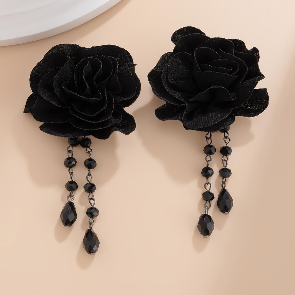 SHIXIN Gotische Vintage Große Schwarze Blume Hängeohrringe für Damen Punk Wassertropfen Quasten Ohrringe Halloween Ohrdekoration