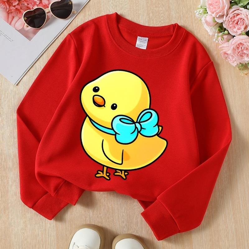Kids Crewneck Sweatshirt, Cute Yellow Chick with Blue Bow Print, Soft Casual Pullover for Fall Winter