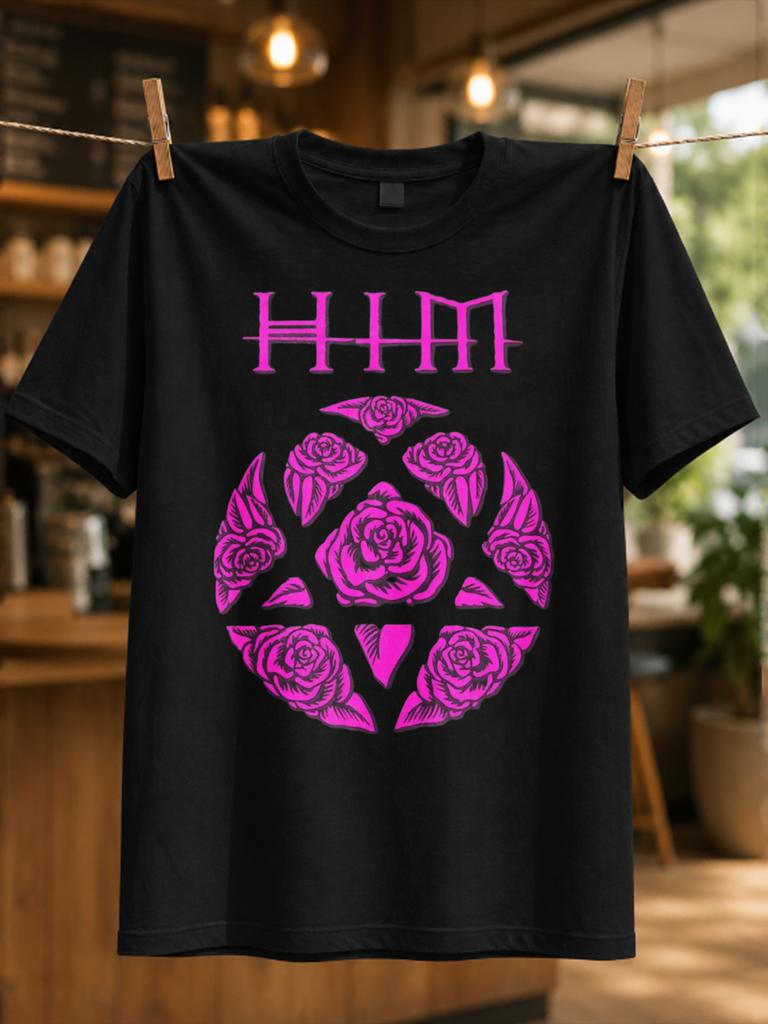 Him Purple Roses Layered Heartagram And Floral Artwork With Magenta Glow Dark Rounisexce Concert Style Unisex All Tshirt