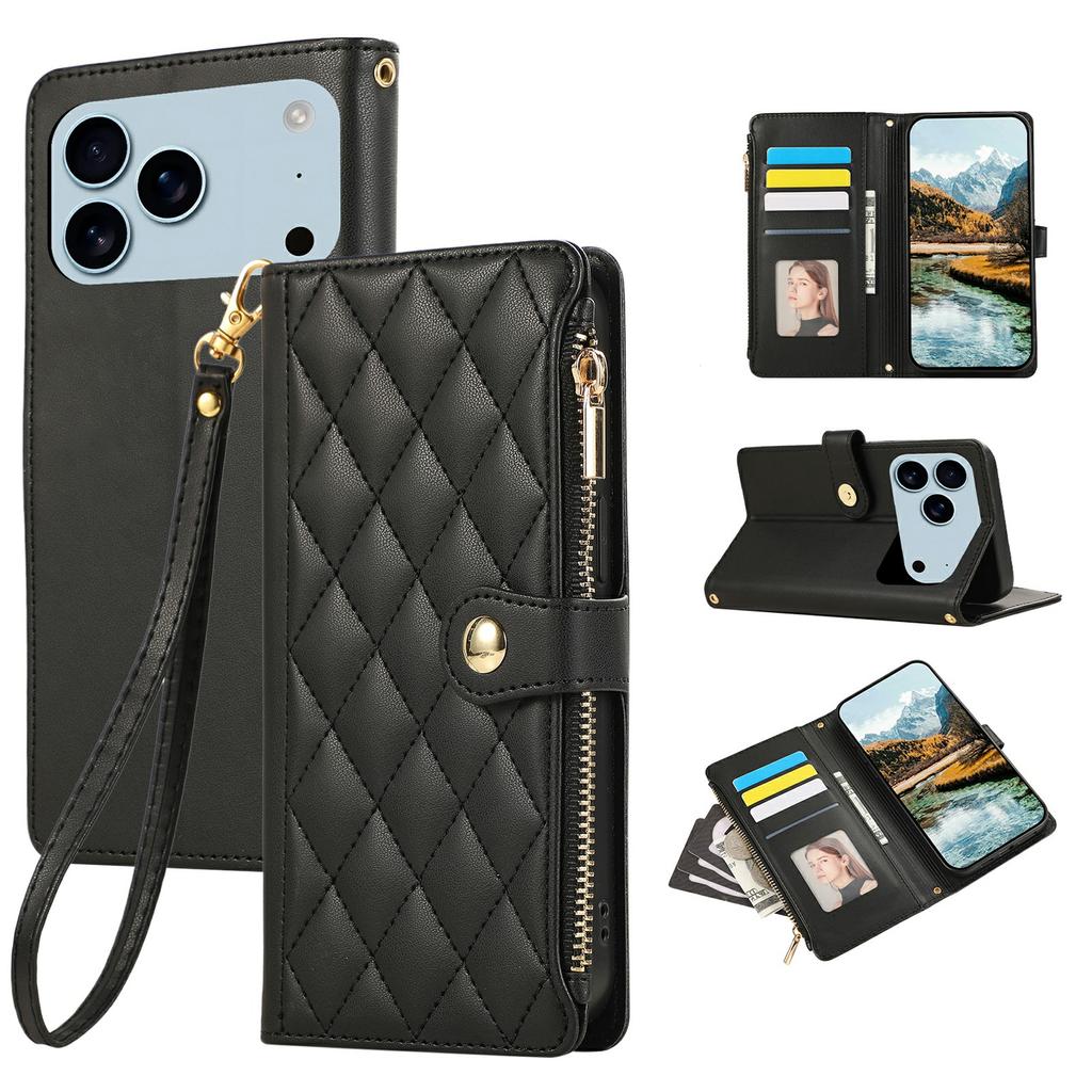 For iPhone 17 Pro Max Case Multi Card Slots Zipper Rhombus Leather Phone Cover with Wrist Strap