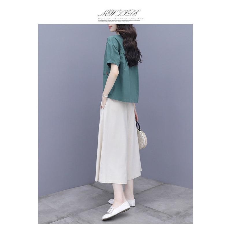 Women's Cotton Linen 2-Piece Set Short Sleeve Blouse & Wide Leg Pants