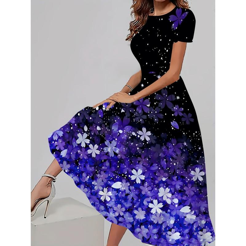 Womens Loose Fit Cotton Print Short Sleeve Round Neck Midi Dress Casual Wear