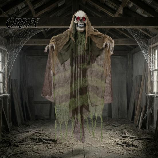Creatori di Atmosfera per Escape Room Halloween Animatronics Decorazione Fantasma da Appendere, Falciatore della Morte Prop Attivato dal Suono con Decorazioni LED Occhi Luminosi