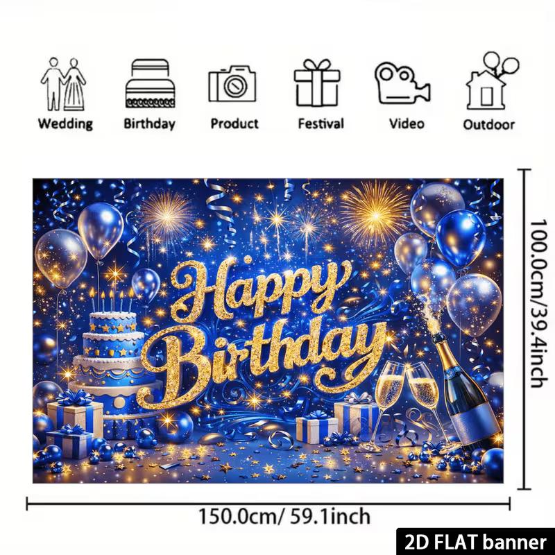 2D Blue Gold Glitter Happy Birthday Backdrop, Champagne Cake Party Banner